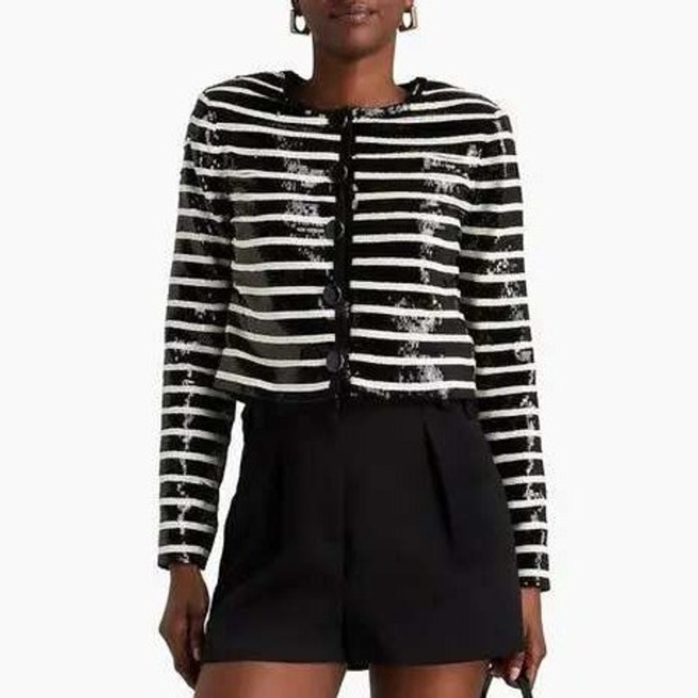New Veronica Beard Mickey Sequin Jacket 6 Black Cream Stripe Crop Snap Button